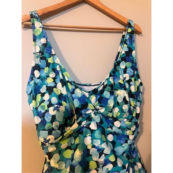 Maxine Of Hollywood 18W One Piece Swimsuit Blue Green Dot Print Ruched Slimming - Picture 4 of 9